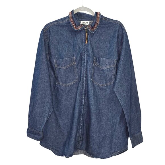 Chicos Vintage Denim Zip-Up Shirt Embroidered & Beaded Camel &Collar Boho READ - Picture 2 of 12